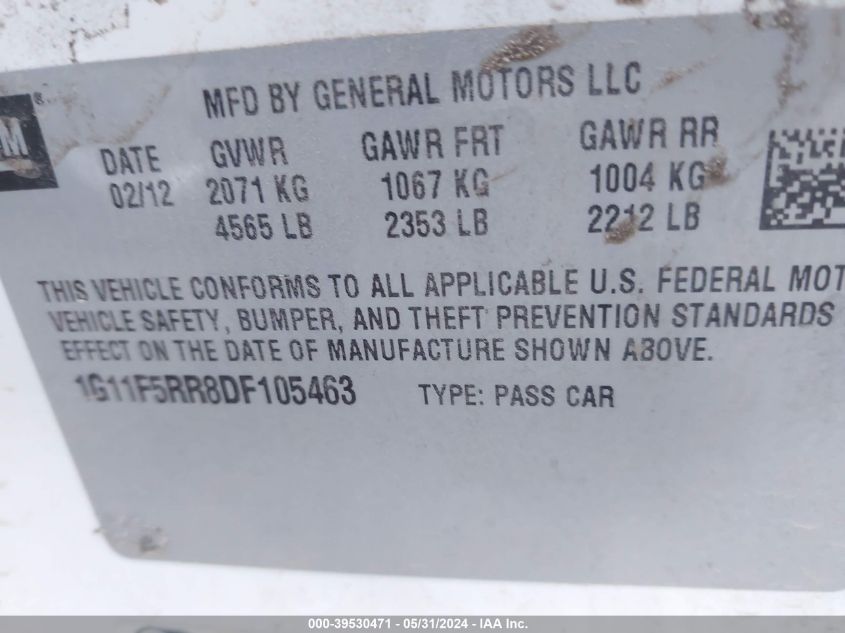 2013 Chevrolet Malibu Eco Premium Audio VIN: 1G11F5RR8DF105463 Lot: 39530471