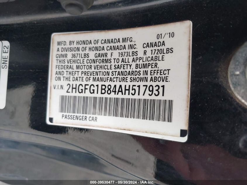 2010 Honda Civic Ex VIN: 2HGFG1B84AH517931 Lot: 39530477