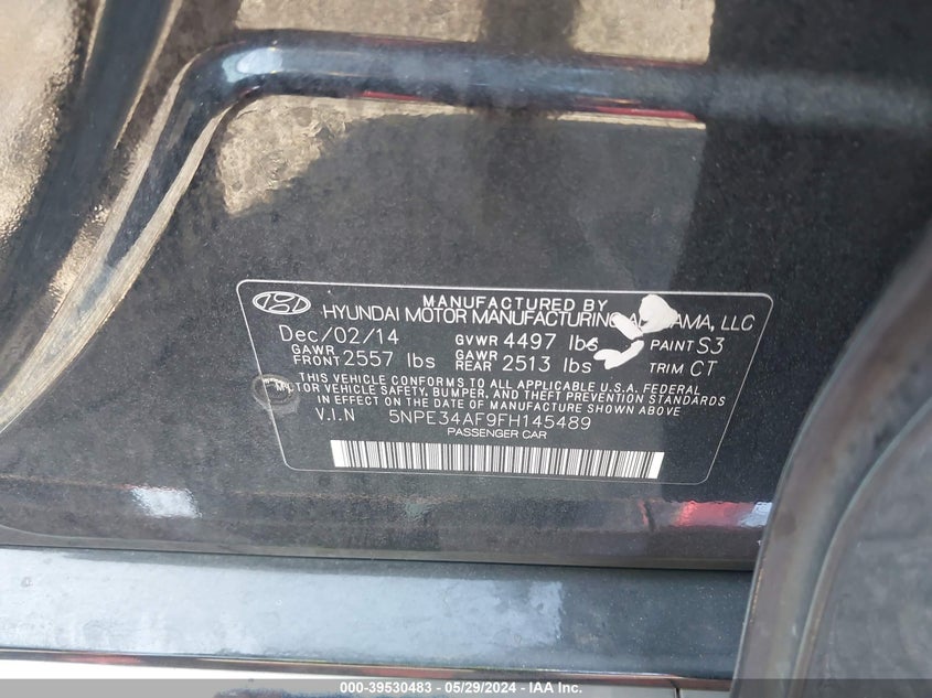2015 Hyundai Sonata Limited VIN: 5NPE34AF9FH145489 Lot: 39530483