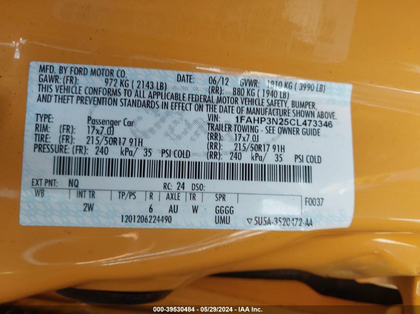 2012 Ford Focus Titanium VIN: 1FAHP3N25CL473346 Lot: 39530484