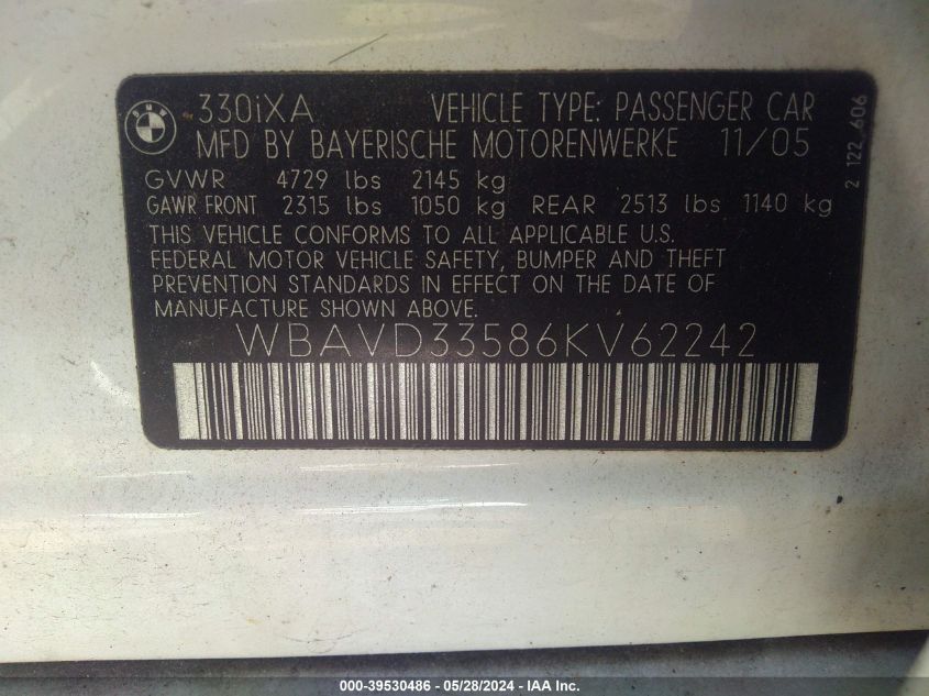 2006 BMW 330Xi VIN: WBAVD33586KV62242 Lot: 39530486