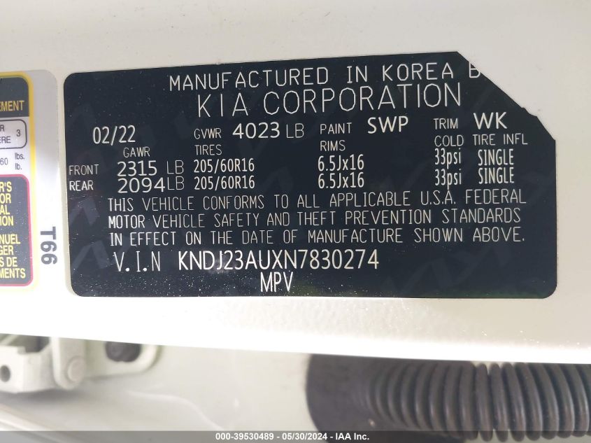 2022 Kia Soul Lx VIN: KNDJ23AUXN7830274 Lot: 39530489