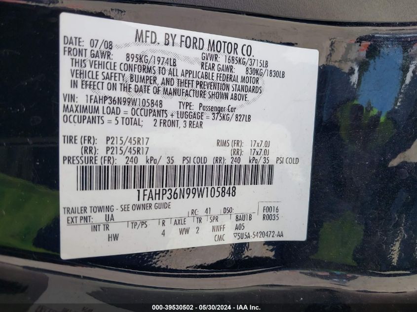 2009 Ford Focus Ses VIN: 1FAHP36N99W105848 Lot: 39530502