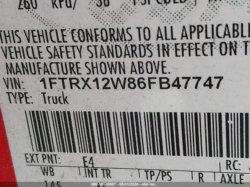 2006 Ford F150 VIN: 1FTRX12W86FB47747 Lot: 39530507