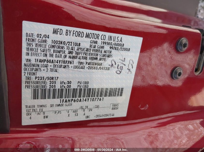 2004 Ford Thunderbird VIN: 1FAHP60A14Y107761 Lot: 39530508