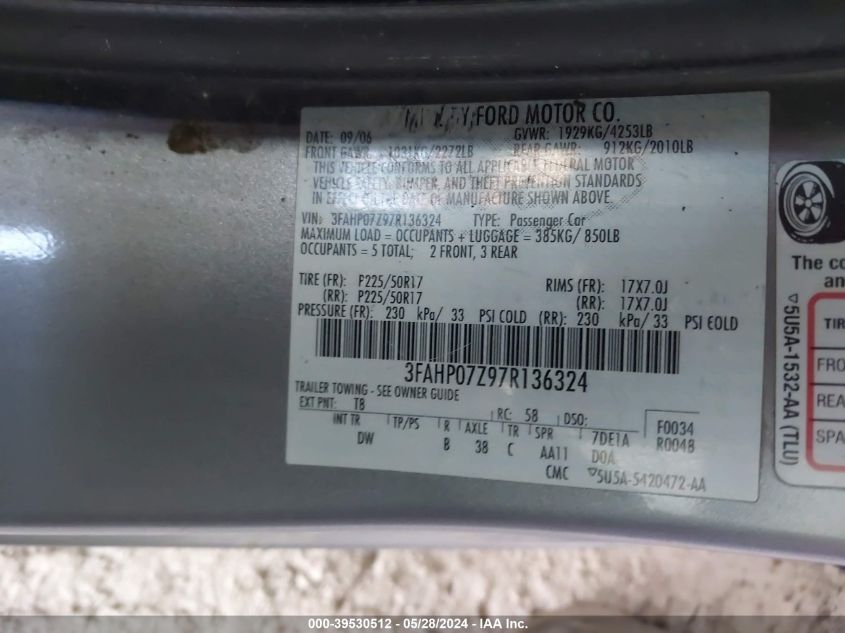 2007 Ford Fusion Se VIN: 3FAHP07Z97R136324 Lot: 39530512