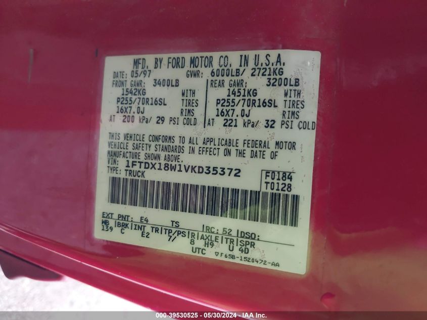 1997 Ford F-150 Lariat/Xl/Xlt VIN: 1FTDX18W1VKD35372 Lot: 39530525