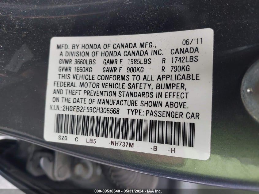 2012 Honda Civic Lx VIN: 2HGFB2F59CH306568 Lot: 39530540