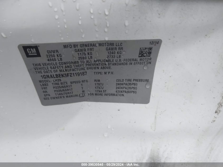 2015 Chevrolet Equinox 1Lt VIN: 1GNALBEK3FZ119187 Lot: 39530545