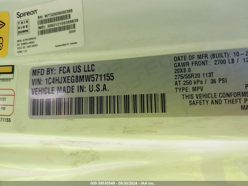 2021 Jeep Wrangler Unlimited High Altitude 4X4 VIN: 1C4HJXEG8MW571155 Lot: 39530549