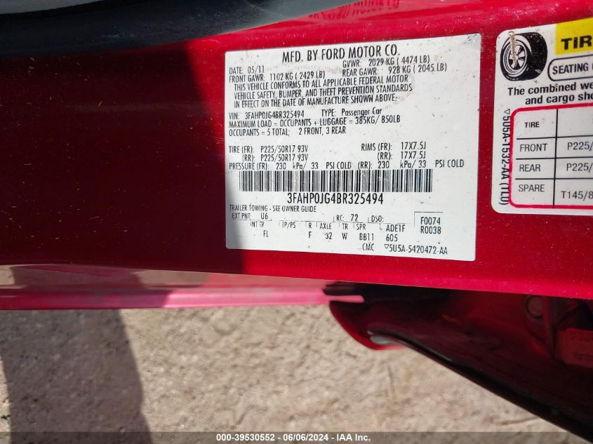 2011 Ford Fusion Sel VIN: 3FAHP0JG4BR325494 Lot: 39530552