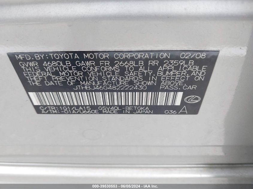 2008 Lexus Es 350 VIN: JTHBJ46G482222430 Lot: 39530553