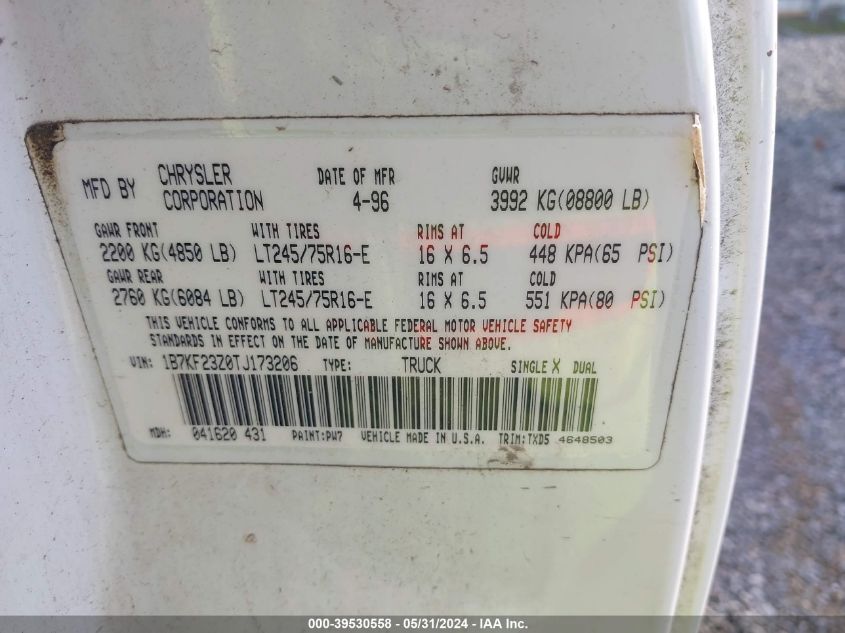 1996 Dodge Ram 2500 VIN: 1B7KF23Z0TJ173206 Lot: 39530558