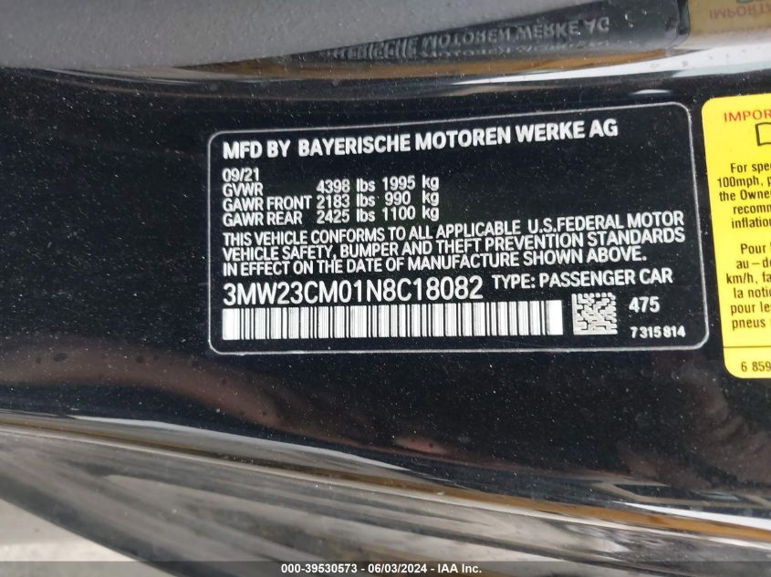 2022 BMW 230 I VIN: 3MW23CM01N8C18082 Lot: 39530573