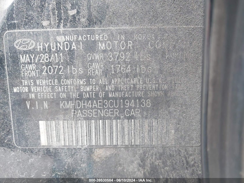 2012 Hyundai Elantra Limited (Ulsan Plant) VIN: KMHDH4AE3CU194138 Lot: 39530584