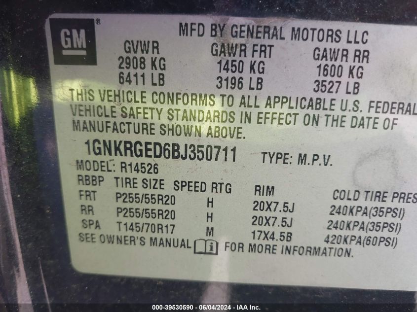 2011 Chevrolet Traverse 1Lt VIN: 1GNKRGED6BJ350711 Lot: 39530590