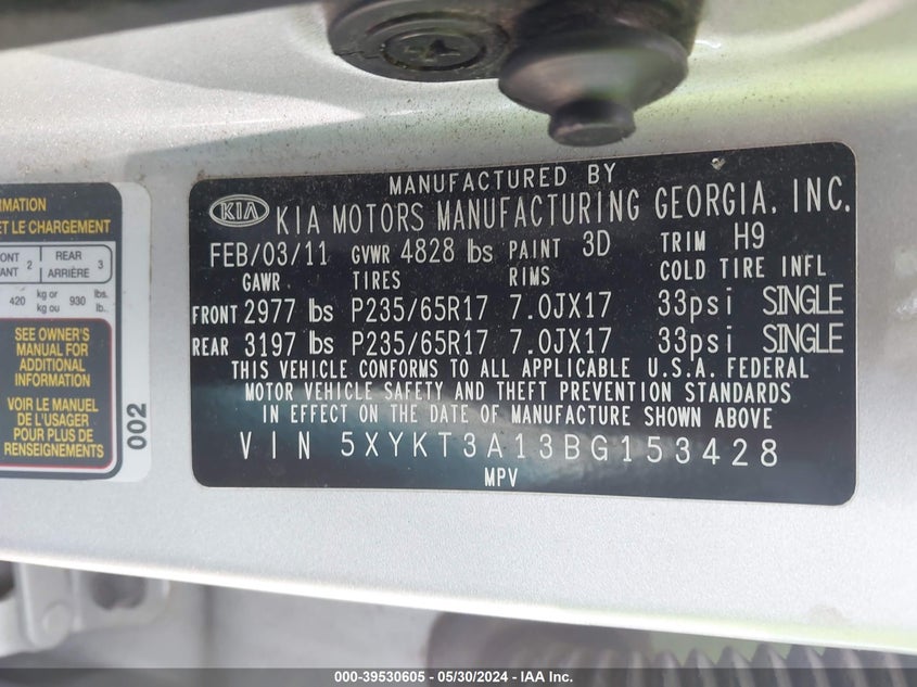 2011 Kia Sorento Lx VIN: 5XYKT3A13BG153428 Lot: 39530605