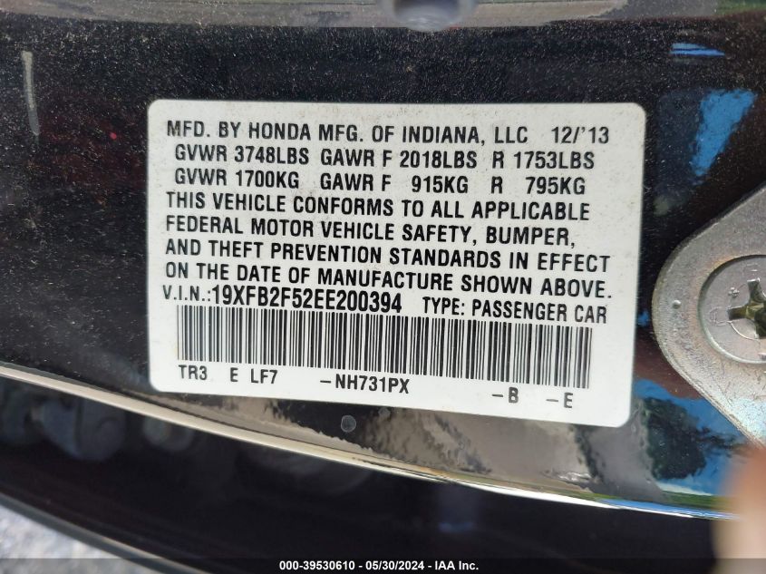 19XFB2F52EE200394 | 2014 HONDA CIVIC