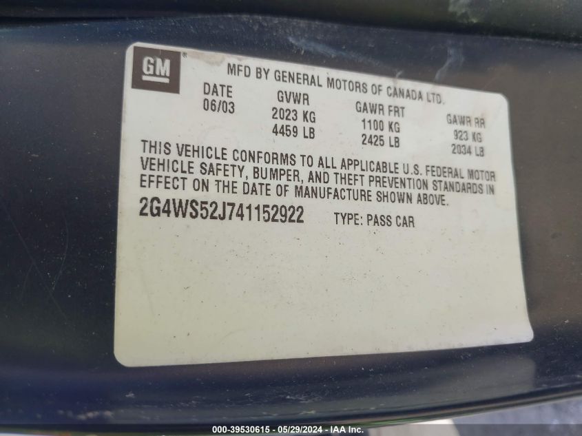 2004 Buick Century VIN: 2G4WS52J741152922 Lot: 39530615