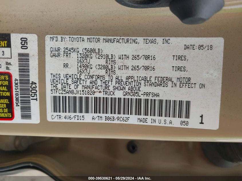 2018 Toyota Tacoma Trd Off Road VIN: 5TFCZ5AN8JX151820 Lot: 39530621