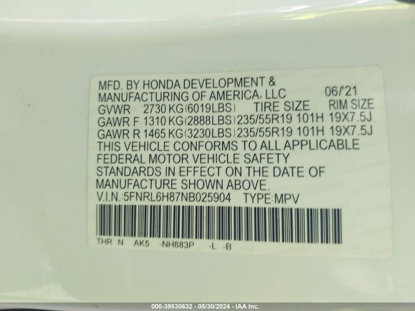 2022 Honda Odyssey Touring VIN: 5FNRL6H87NB025904 Lot: 39530632