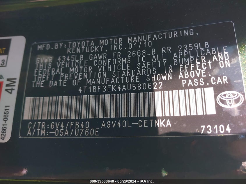 2010 Toyota Camry Le VIN: 4T1BF3EK4AU580622 Lot: 39530640