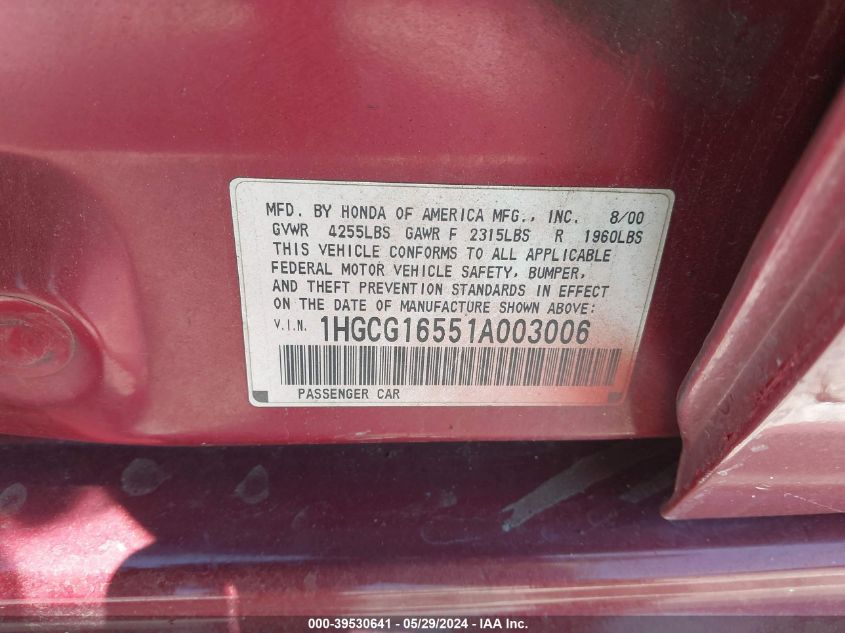 2001 Honda Accord 3.0 Ex VIN: 1HGCG16551A003006 Lot: 39530641