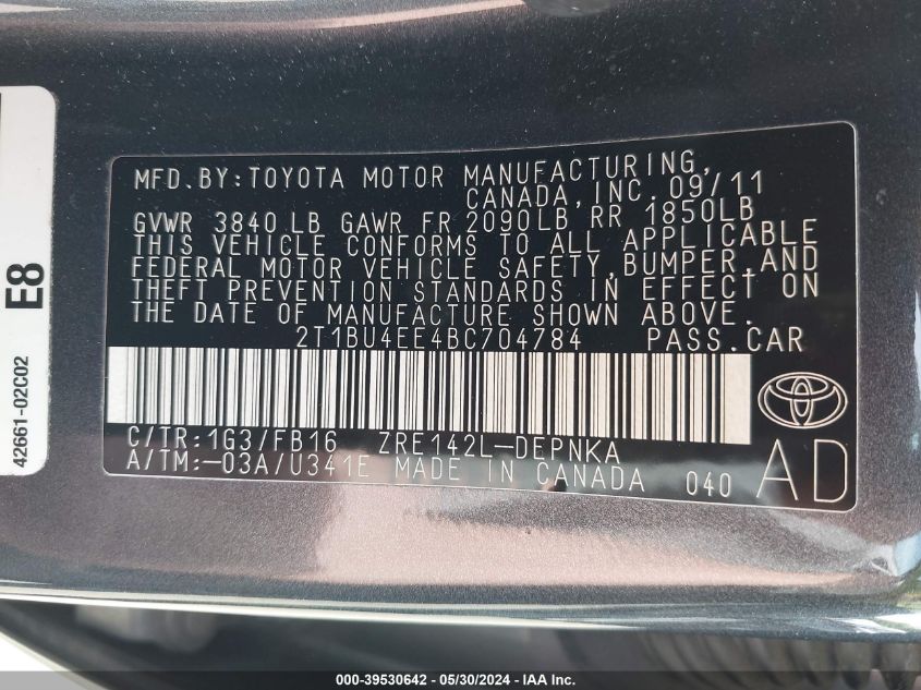 2011 Toyota Corolla Le VIN: 2T1BU4EE4BC704784 Lot: 39530642