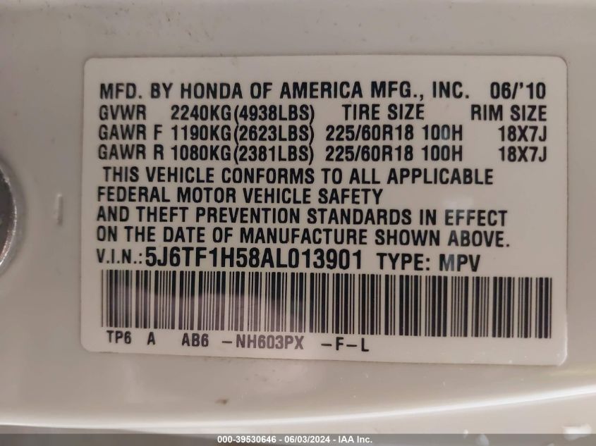 2010 Honda Accord Crosstour Ex-L VIN: 5J6TF1H58AL013901 Lot: 39530646