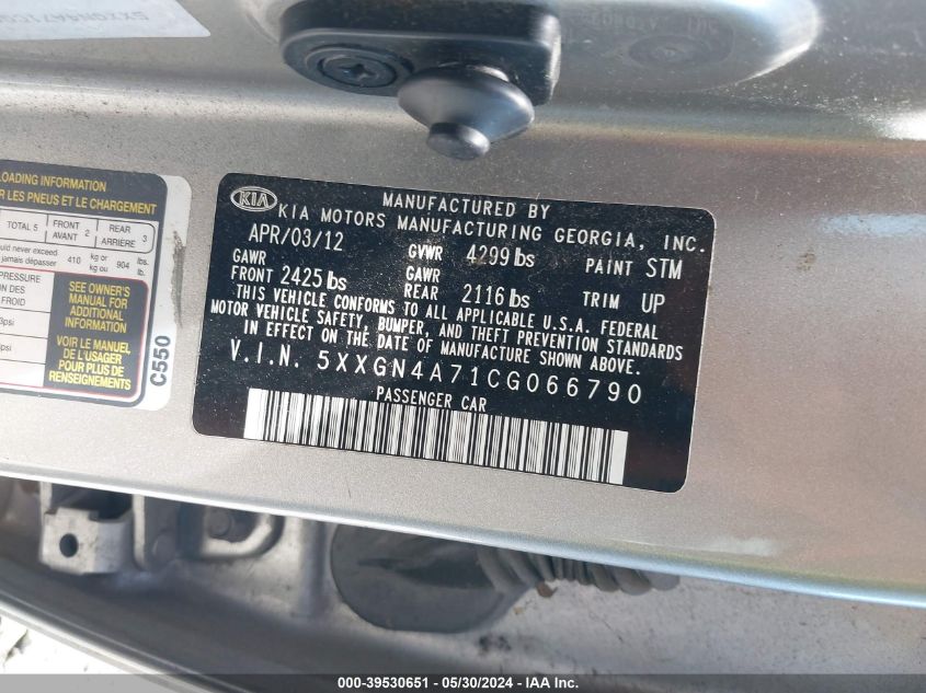 2012 Kia Optima Ex VIN: 5XXGN4A71CG066790 Lot: 39530651