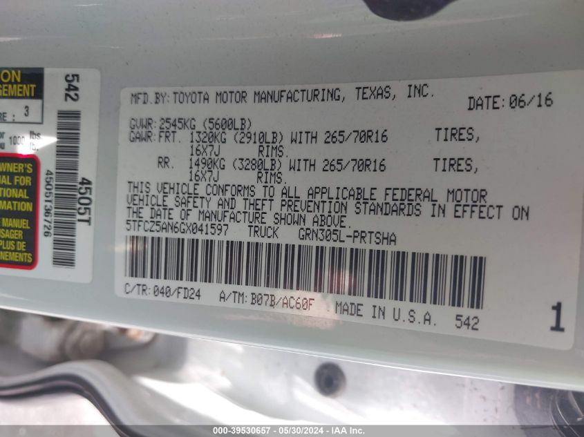 2016 Toyota Tacoma Trd Off Road VIN: 5TFCZ5AN6GX041597 Lot: 39530657
