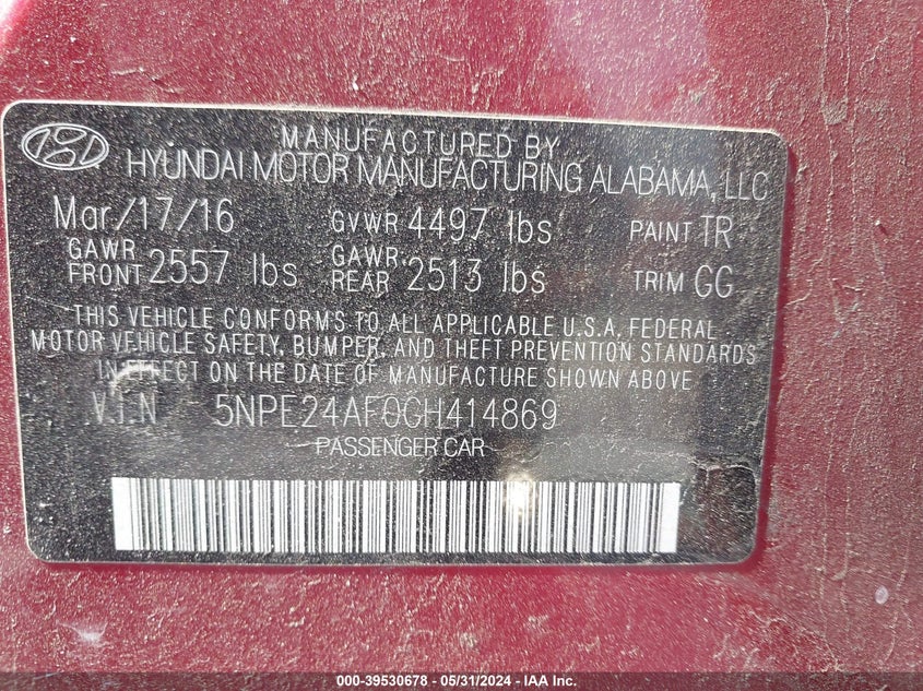 2016 Hyundai Sonata Se VIN: 5NPE24AF0GH414869 Lot: 39530678