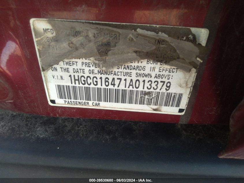 2001 Honda Accord 3.0 Lx VIN: 1HGCG16471A013379 Lot: 39530680