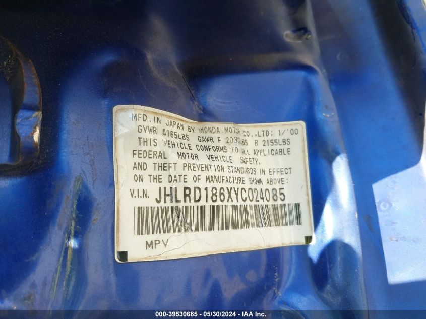 2000 Honda Cr-V Ex VIN: JHLRD186XYC024085 Lot: 39530685