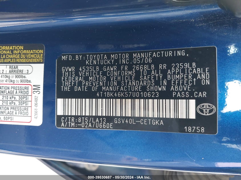 2007 Toyota Camry Xle V6 VIN: 4T1BK46K57U010623 Lot: 39530687