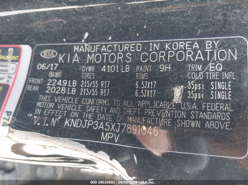 2018 Kia Soul + VIN: KNDJP3A5XJ7891046 Lot: 39530692