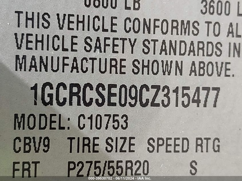 2012 Chevrolet Silverado 1500 Lt VIN: 1GCRCSE09CZ315477 Lot: 39530702