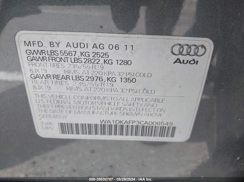 2012 Audi Q5 3.2 Premium Plus VIN: WA1DKAFP3CA006549 Lot: 39530707