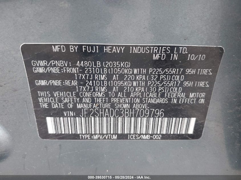 2011 Subaru Forester 2.5X Premium VIN: JF2SHADC3BH709796 Lot: 39530715