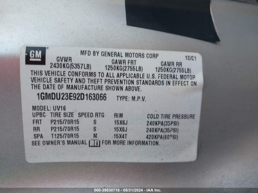 2002 Pontiac Montana V16 VIN: 1GMDU23E92D163066 Lot: 39530718