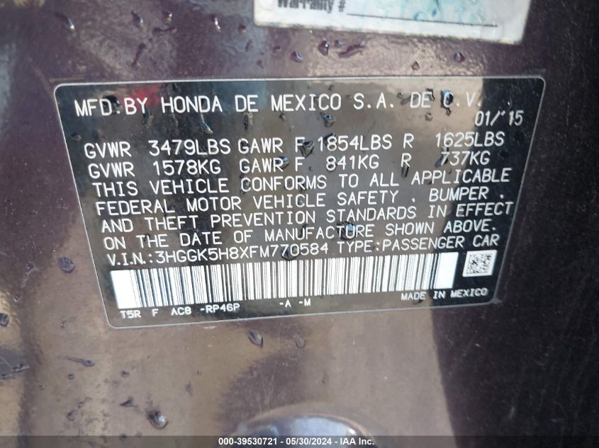 2015 Honda Fit Ex/Ex-L VIN: 3HGGK5H8XFM770584 Lot: 39530721