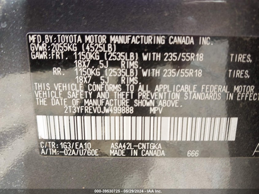 VIN 2T3YFREV0JW499888 2018 TOYOTA RAV4 LIMITED/PLATINUM