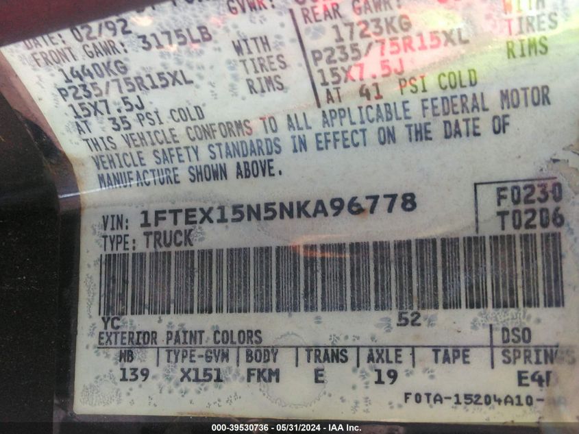 1992 Ford F150 VIN: 1FTEX15N5NKA96778 Lot: 39530736