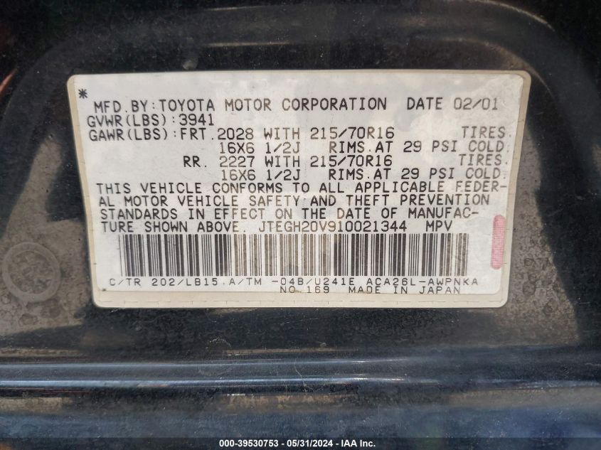 2001 Toyota Rav4 VIN: JTEGH20V910021344 Lot: 39530753