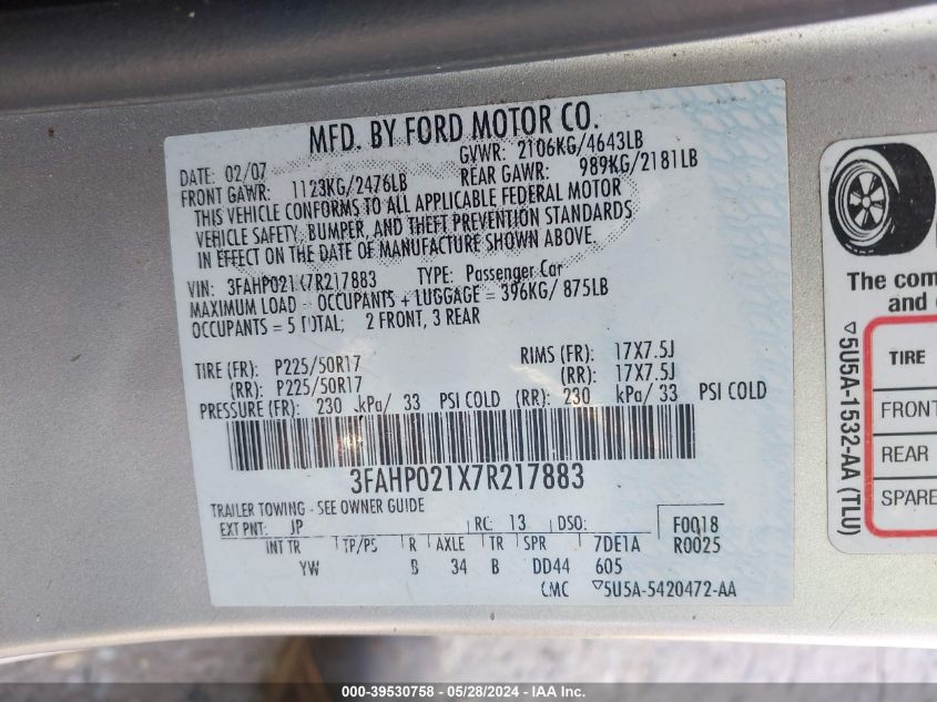 2007 Ford Fusion Sel VIN: 3FAHP021X7R217883 Lot: 39530758