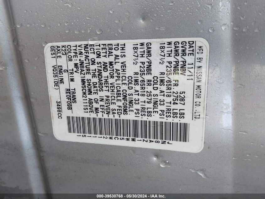 2012 Nissan Murano Sv VIN: JN8AZ1MW5CW211151 Lot: 39530768