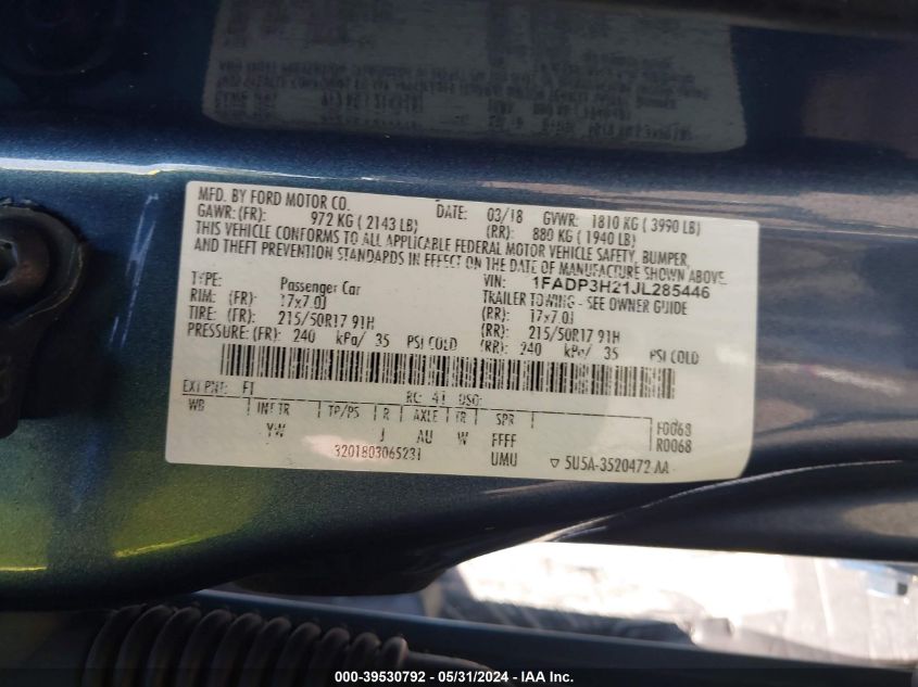 1FADP3H21JL285446 2018 Ford Focus Sel