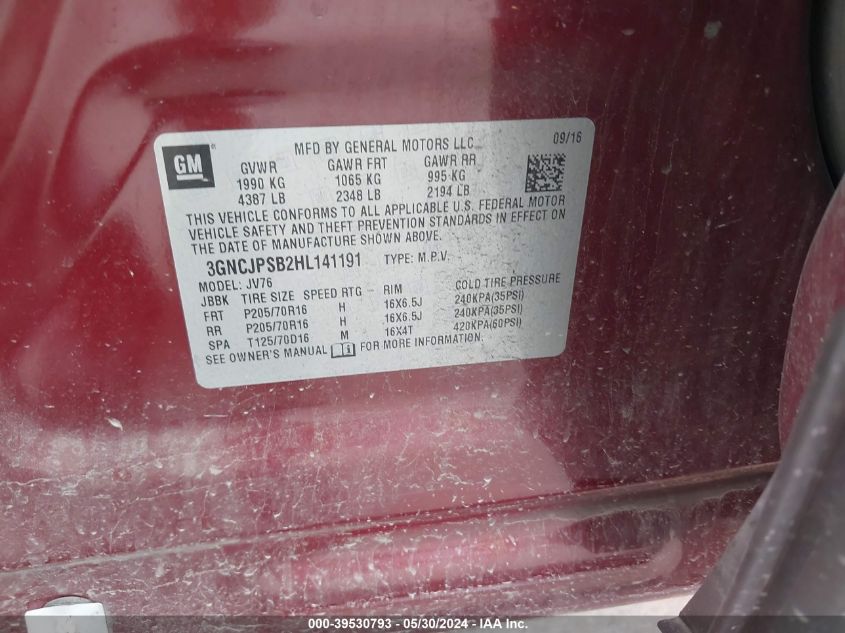 2017 Chevrolet Trax Lt VIN: 3GNCJPSB2HL141191 Lot: 39530793