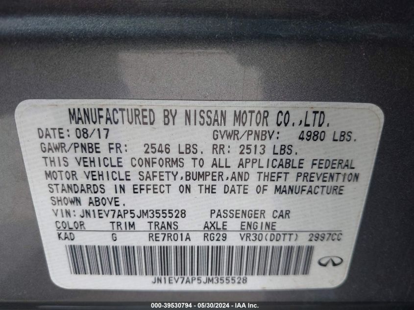 2018 Infiniti Q50 3.0T Luxe VIN: JN1EV7AP5JM355528 Lot: 39530794