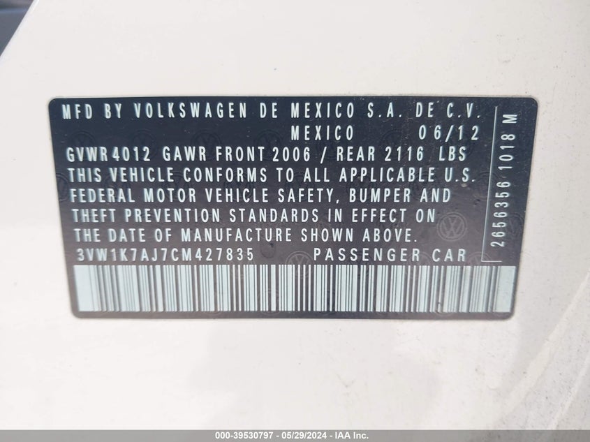 2012 Volkswagen Jetta 2.0L S VIN: 3VW1K7AJ7CM427835 Lot: 39530797